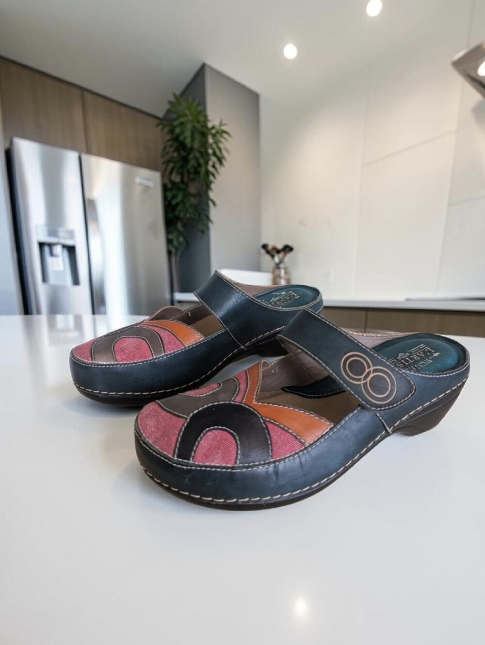 L'ATISTE Multicolor Leather Clog Mules in Teal, Pink & Orange